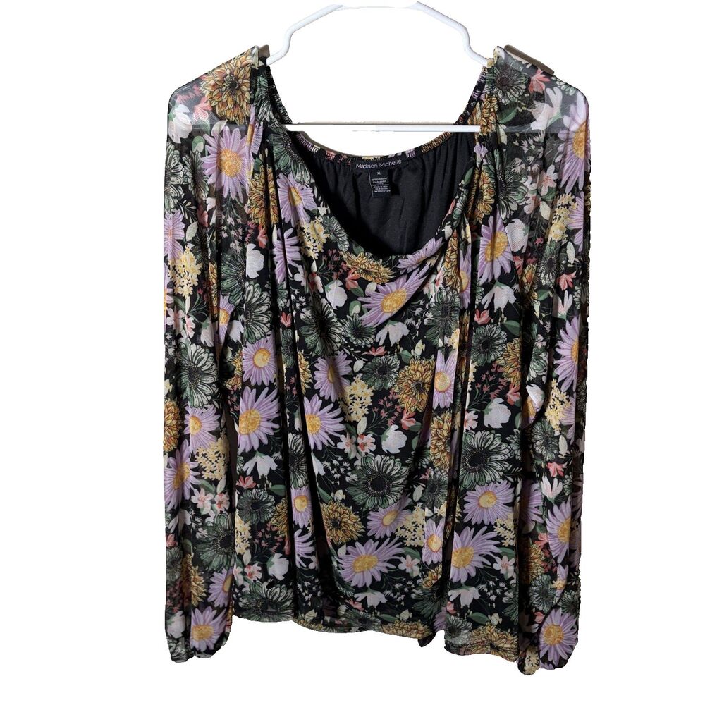 Madison Michelle Blouse Women's XL Black Mesh Long Sleeve Casual Boho Top
